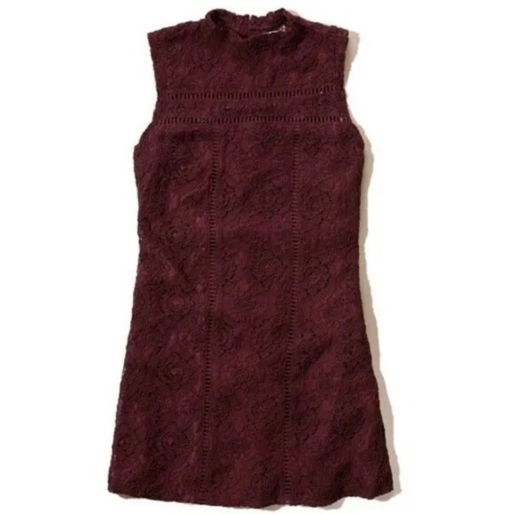 Hollister Lace Dress Size 1 xs 2 Burgundy Mini High Neck Sheath 0 Maroon Fall - Picture 3 of 12